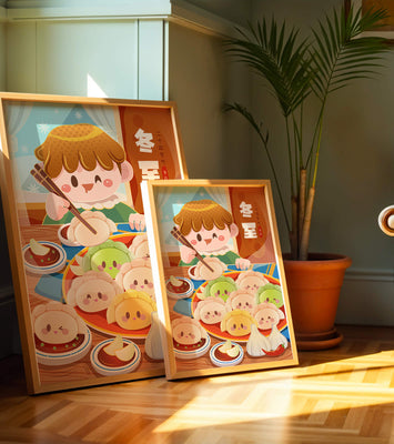 Festive cartoon illustration of a child enjoying dumplings during winter solstice