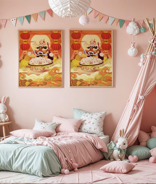 Charming festive fantasy illustration featuring lanterns and playful characters