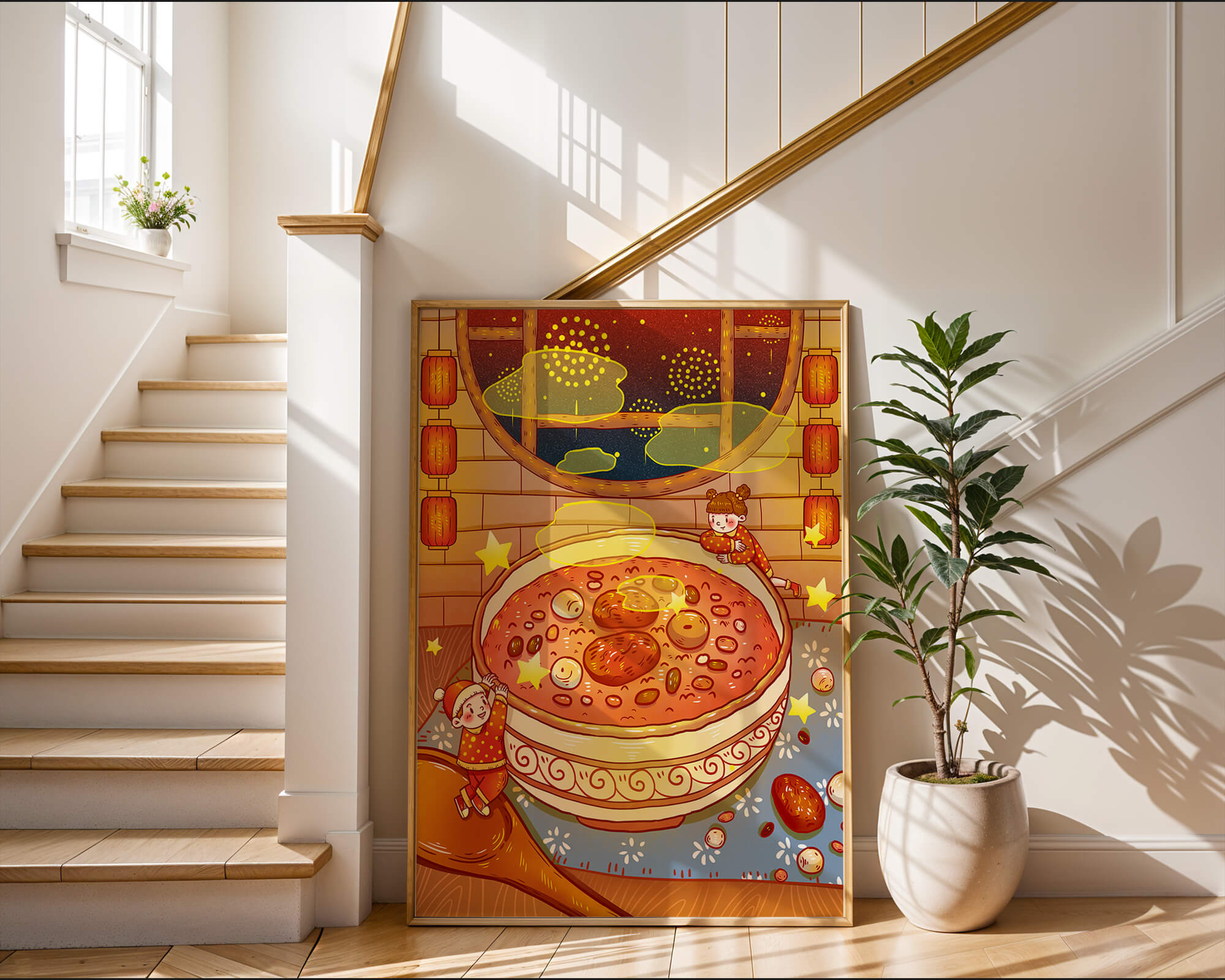 Cozy festive scene with children, a large bowl of soup, and lanterns