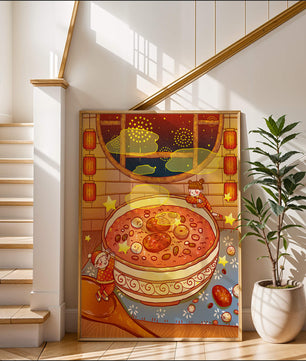 Scène festive et chaleureuse avec des enfants, un grand bol de soupe et des lanternes