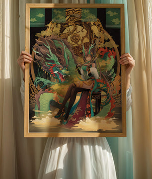Art fantastique élégant d'une femme avec un dragon majestueux et des éléments dorés