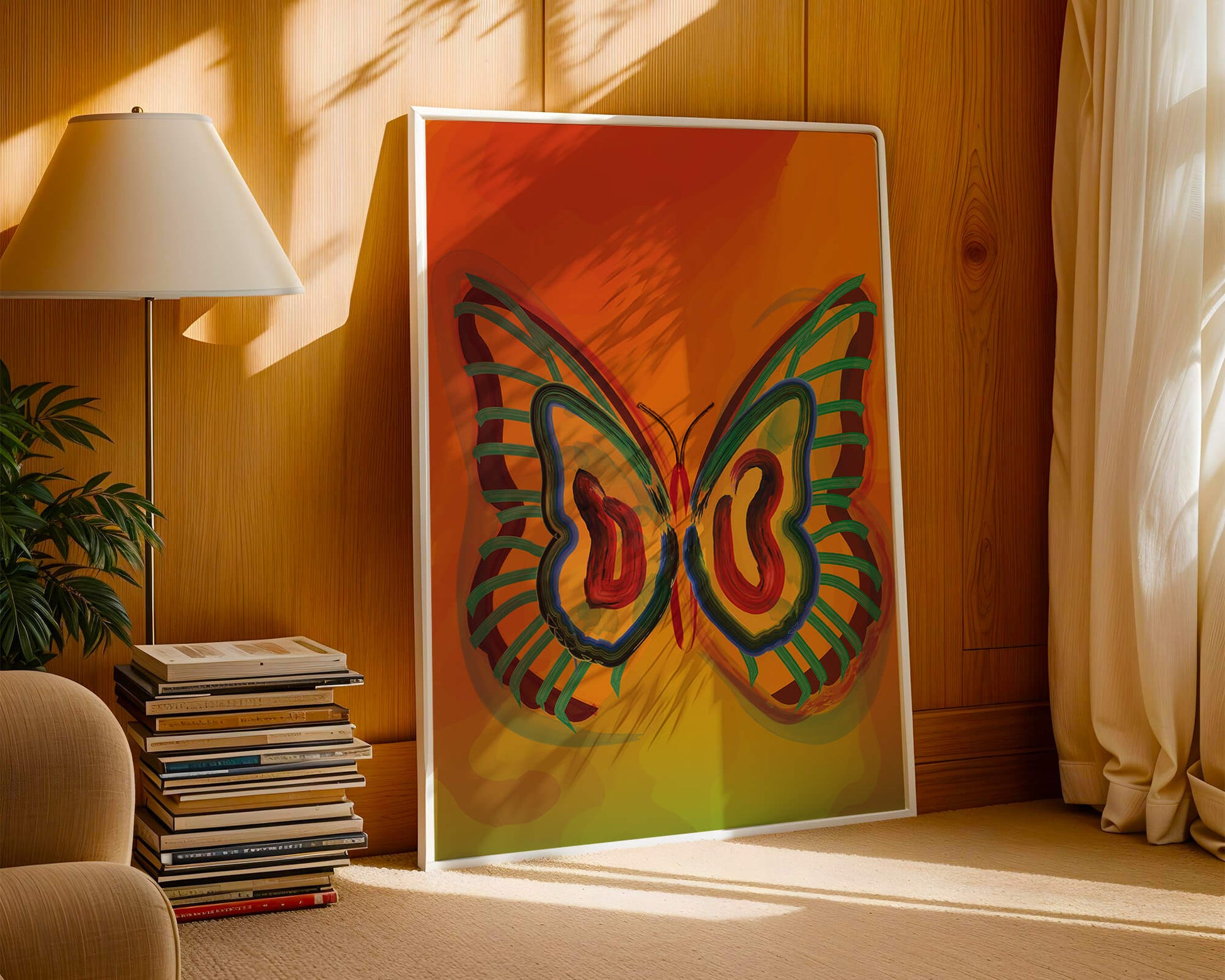 Vibrant butterfly depiction with colorful abstract background