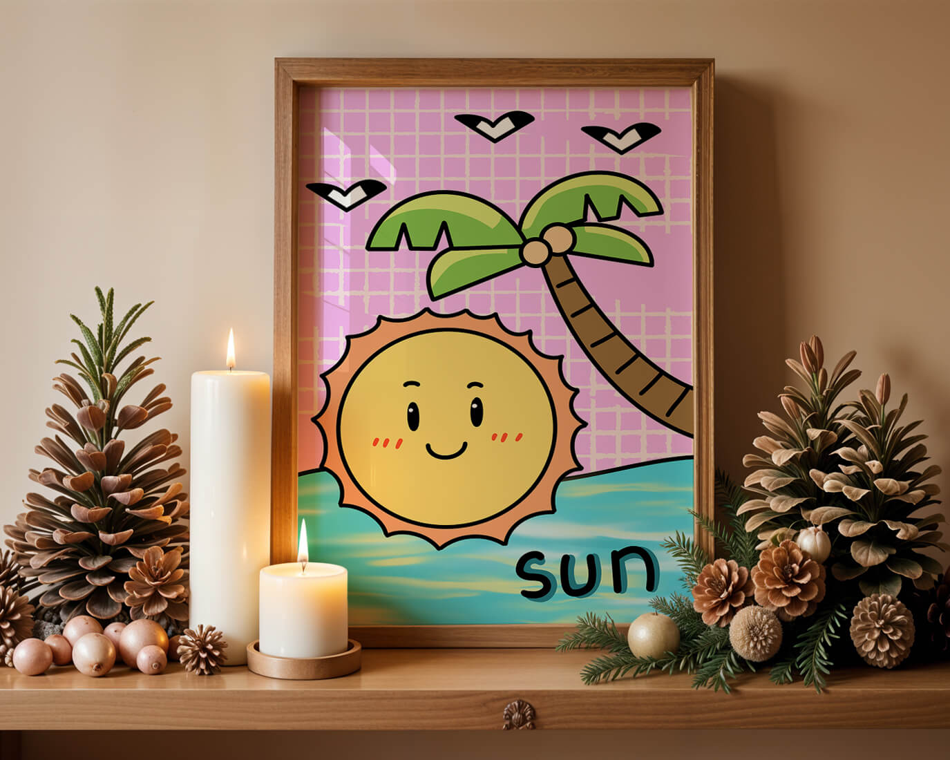 Cartoon sun with palm tree and ocean scene