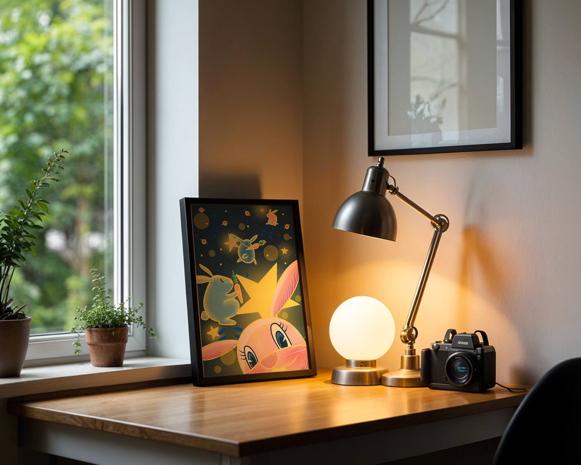Playful bunnies with carrots and stars in a whimsical space scene