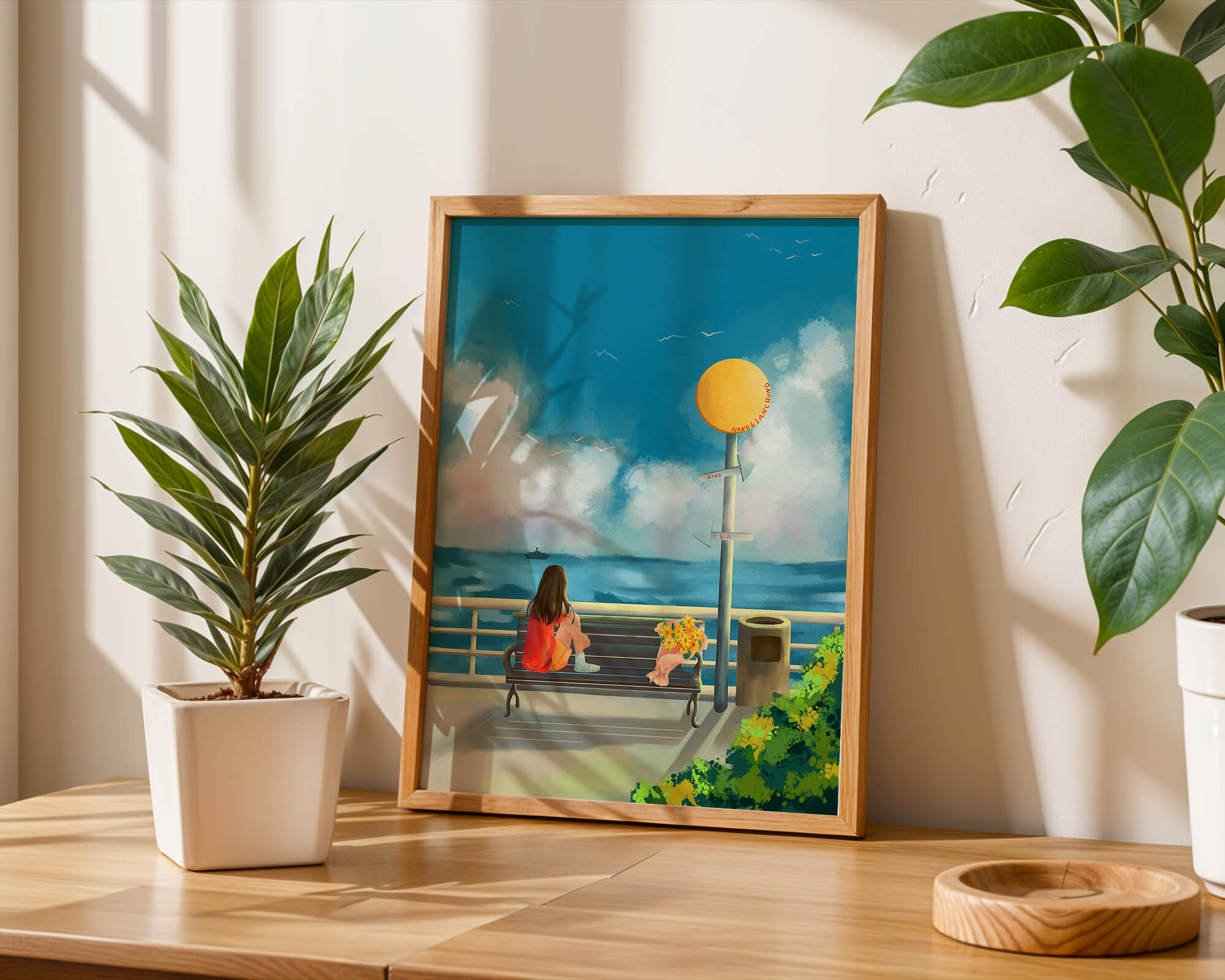Serene waterfront scene with woman on bench facing the sea