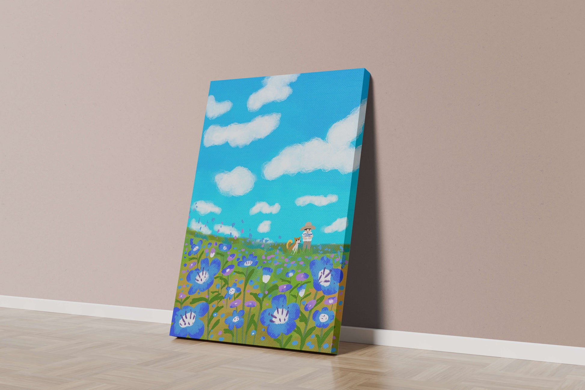 Man and dog in vibrant flower meadow under blue sky