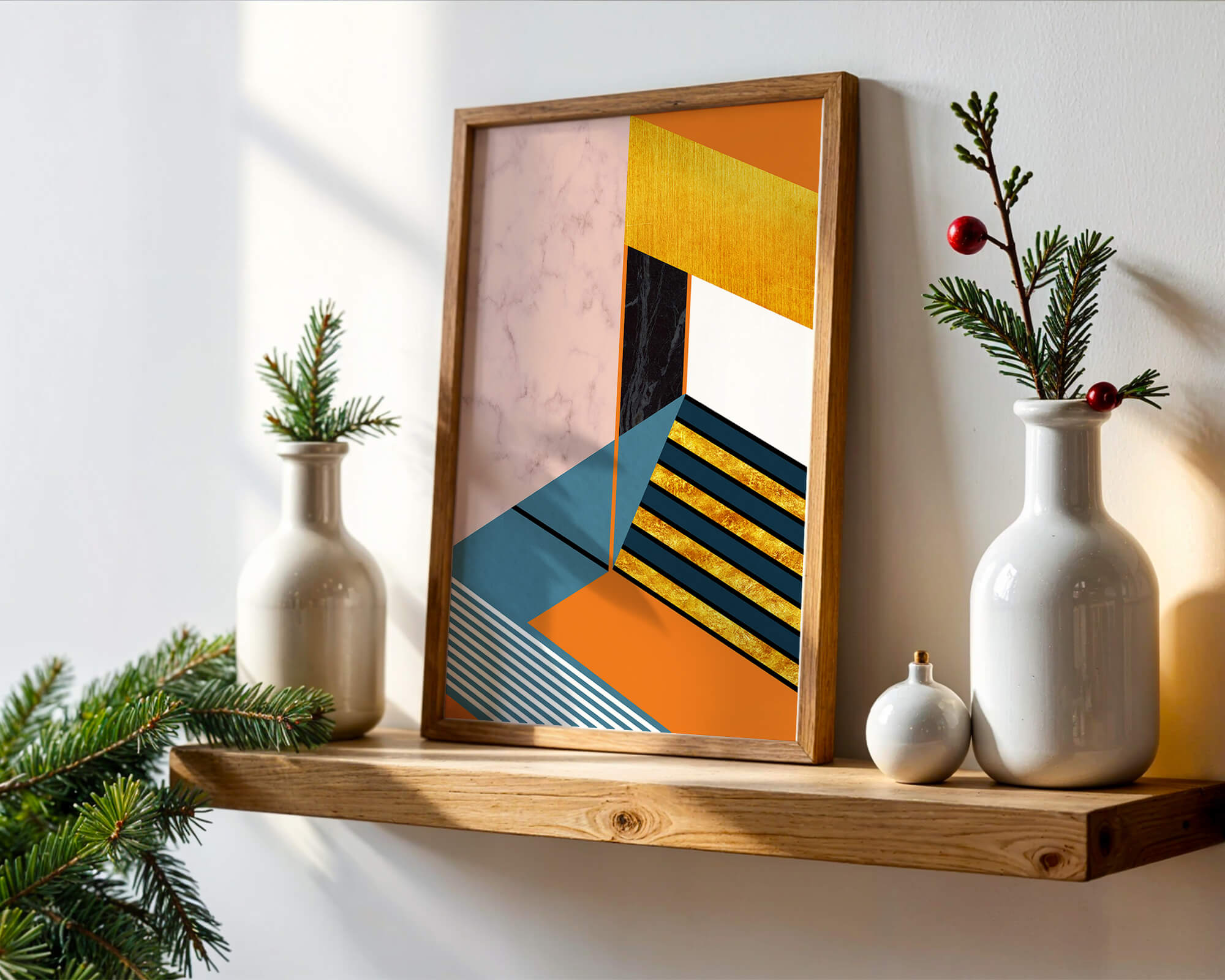Abstract geometric design with marble and gold textures