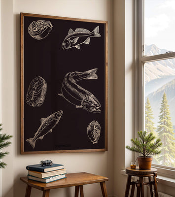 Detailed illustration of fish and seafood elements on dark background