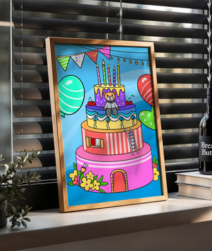 Colorful birthday cake with teddy bear and festive decorations