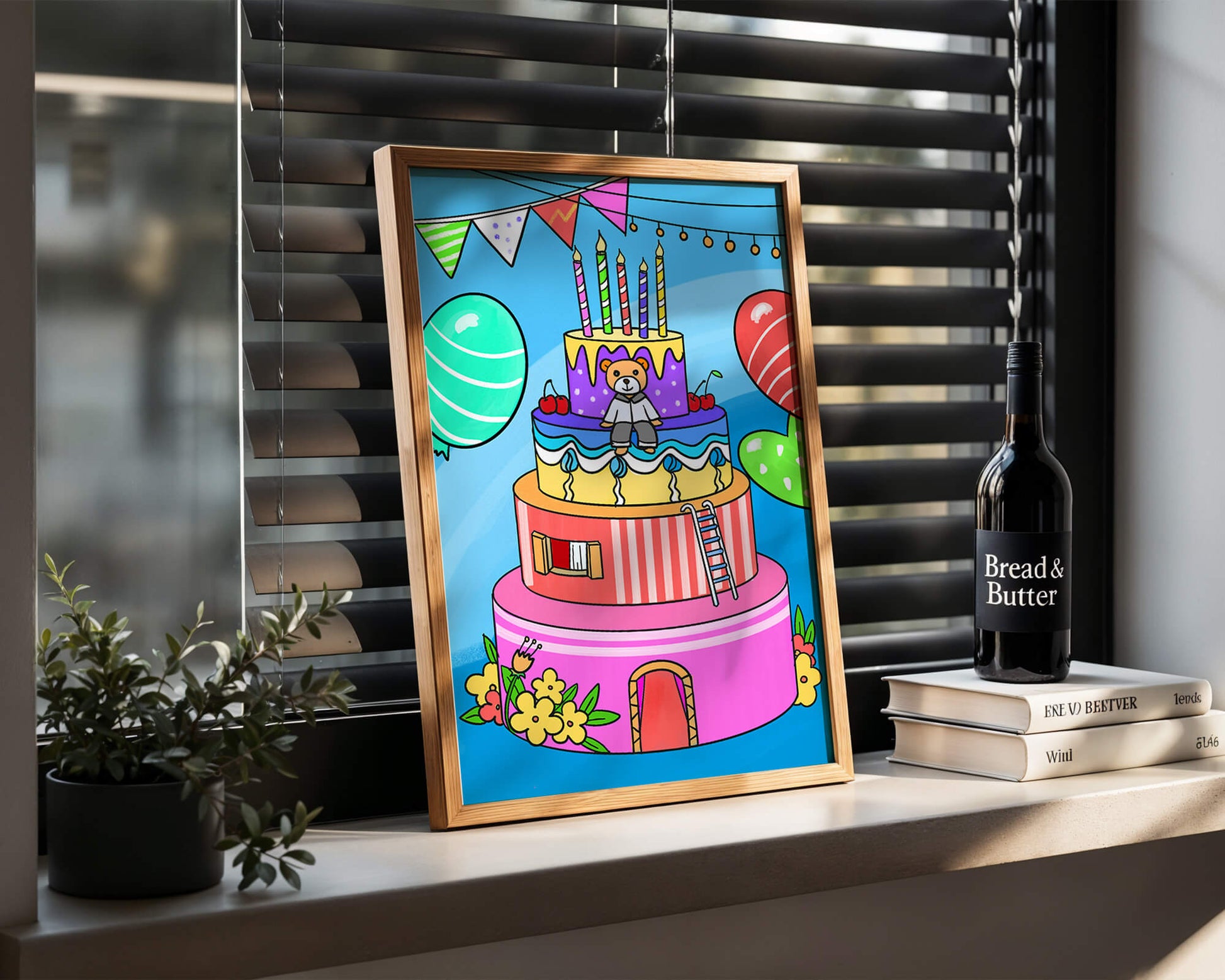 Colorful birthday cake with teddy bear and festive decorations