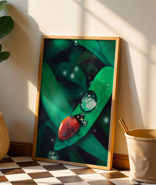Ladybug on a Leaf with Dew Drops in a Vibrant Nature Scene - Mi tienda