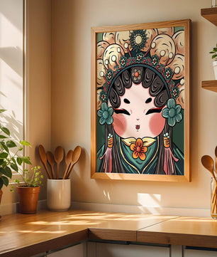 Ilustración encantadora de una muñeca china tradicional con tocado floral