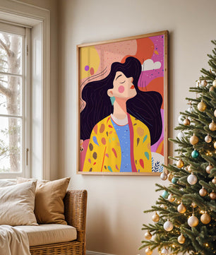 Ilustración colorida de una mujer en estilo artístico con fondo vibrante