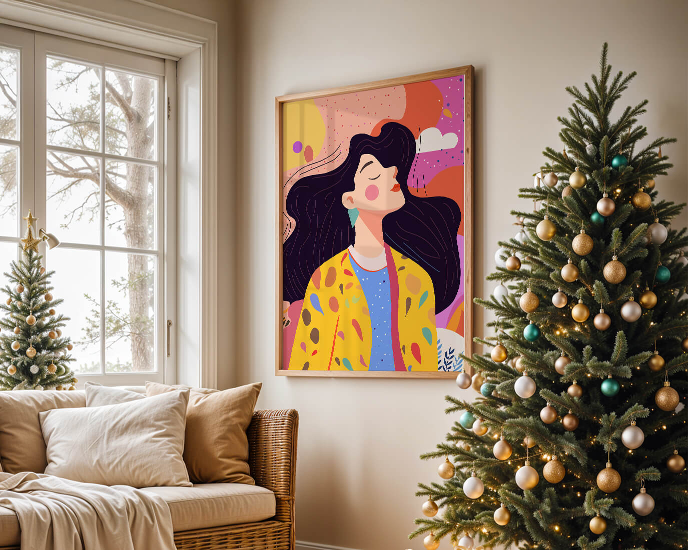 Ilustración colorida de una mujer en estilo artístico con fondo vibrante