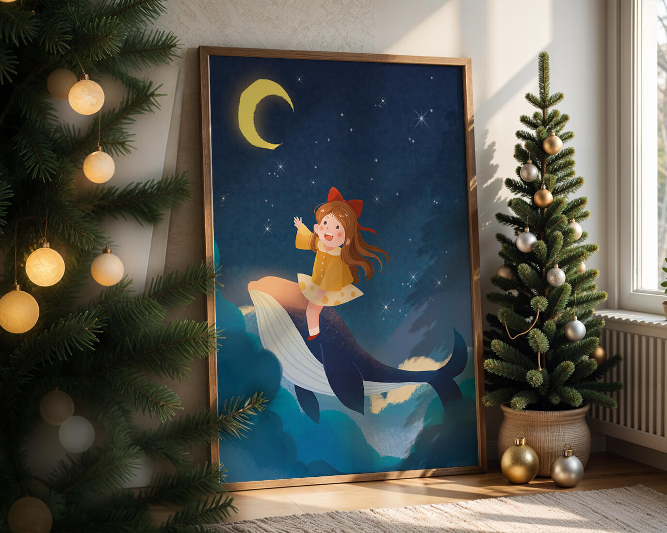 Girl on a whale under starry night sky
