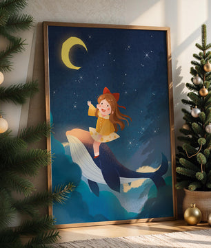 Girl on a whale under starry night sky