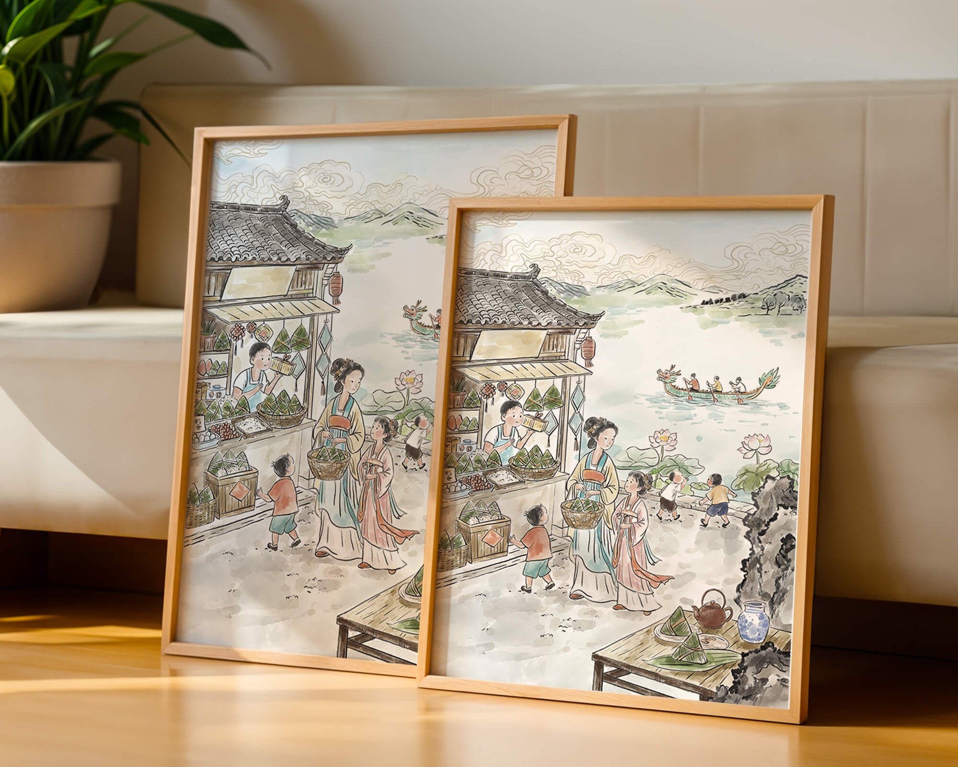Traditional Chinese Market Scene with Dragon Boat on River
