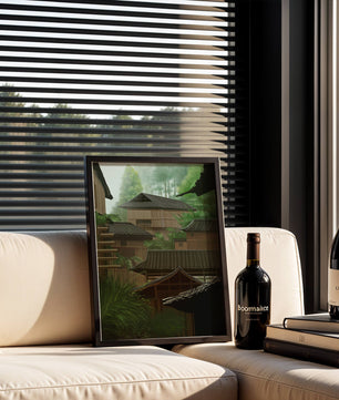 Traditional Japanese Architectural Scene with Lush Greenery