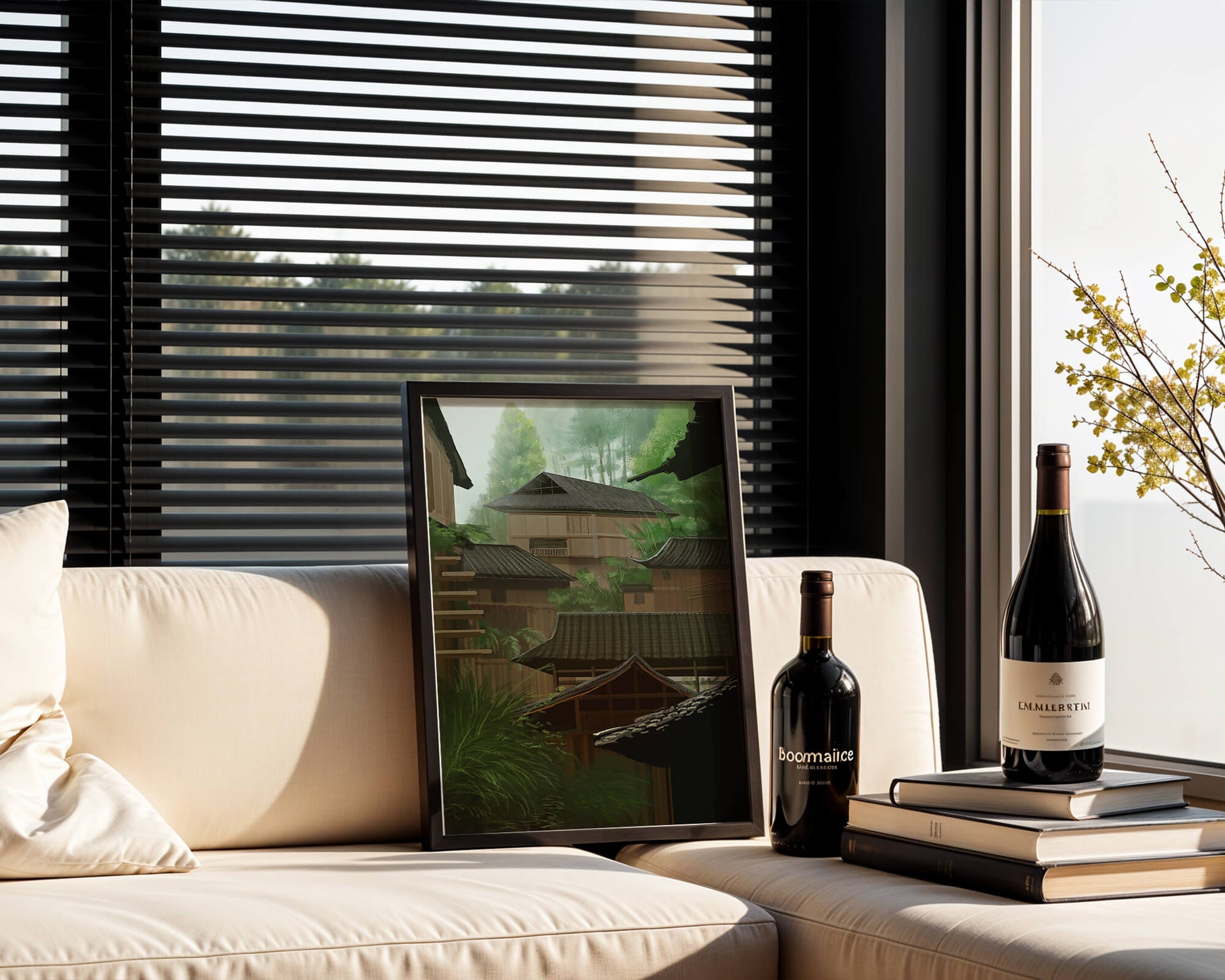 Traditional Japanese Architectural Scene with Lush Greenery