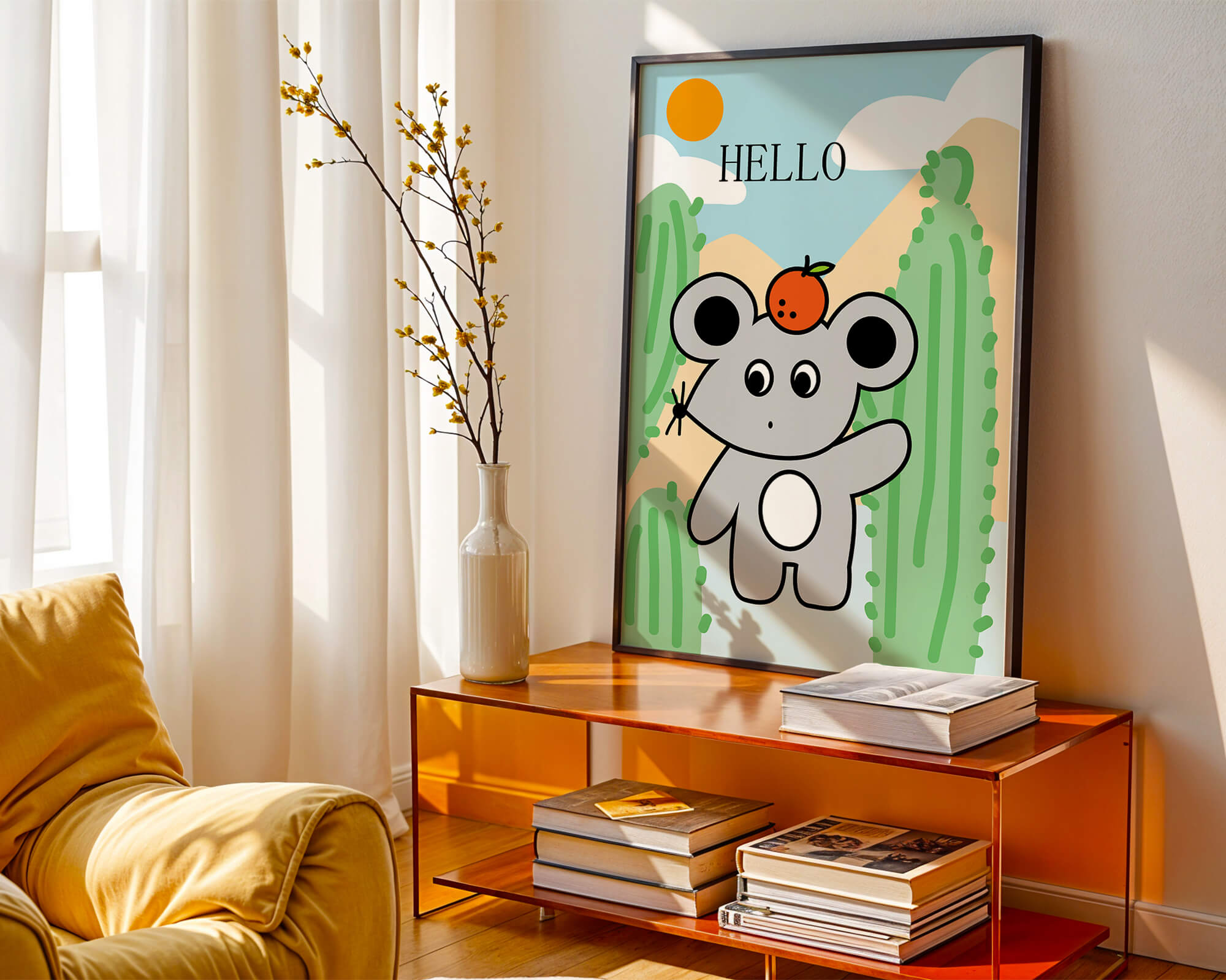 Cute illustration of a mouse with an orange on a sunny background
