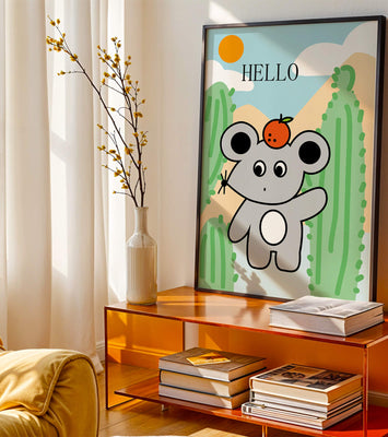 Cute illustration of a mouse with an orange on a sunny background