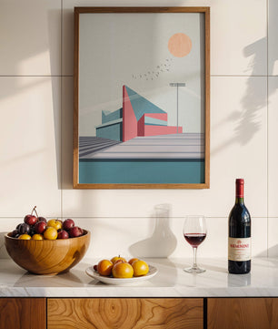 Ilustración arquitectónica moderna con diseño geométrico y atardecer