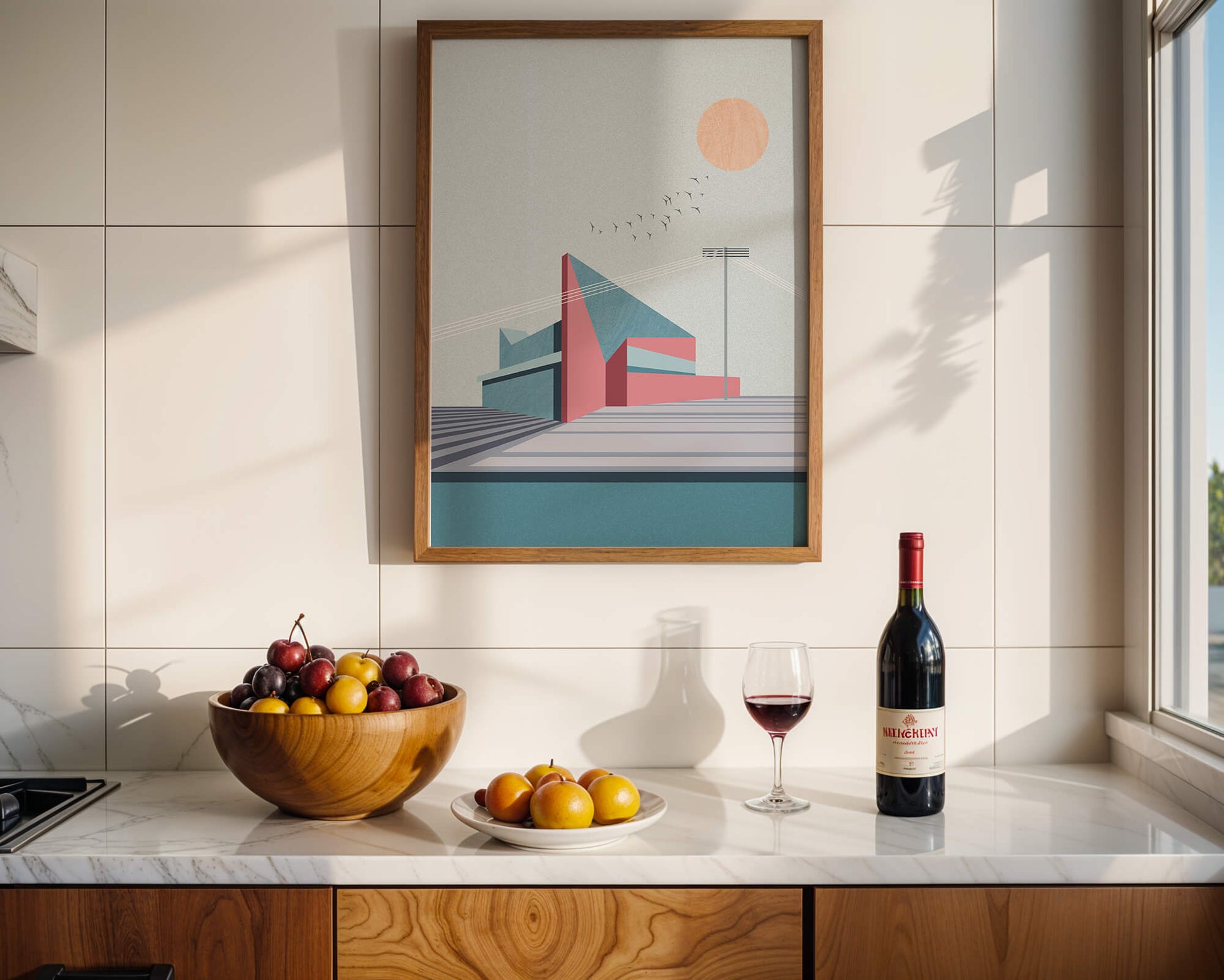 Ilustración arquitectónica moderna con diseño geométrico y atardecer