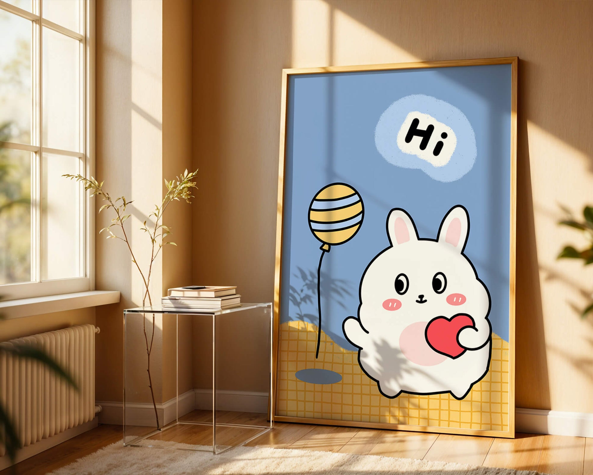 Adorable cartoon bunny with balloon and heart illustration