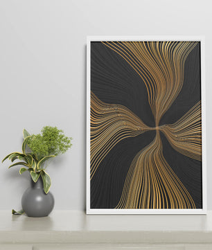 Líneas doradas abstractas sobre fondo negro con flujo dinámico