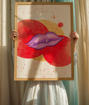 Vibrant Abstract Artwork Featuring Purple Lips on Watercolor Background