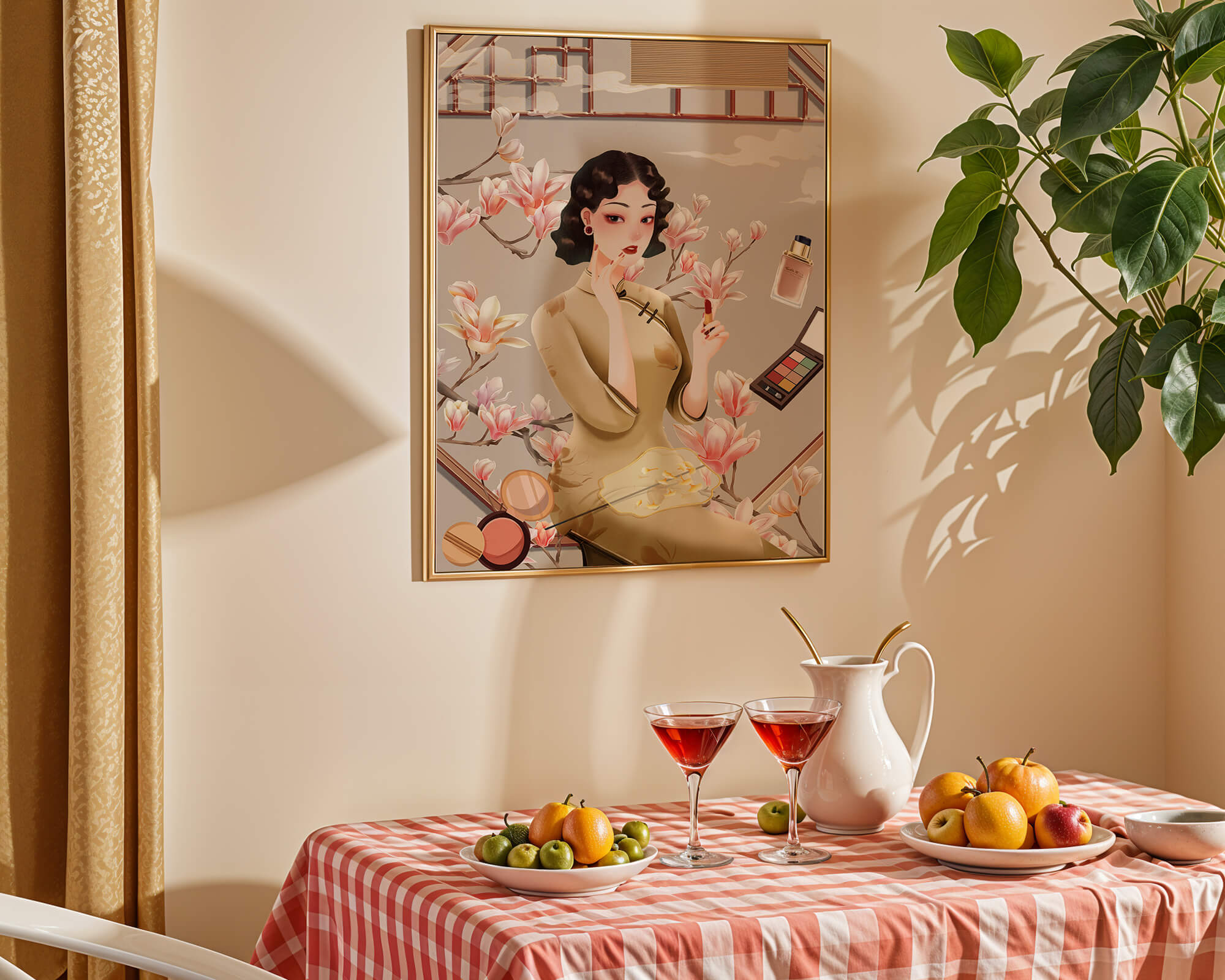 Elegant illustration of a woman with makeup and magnolia flowers