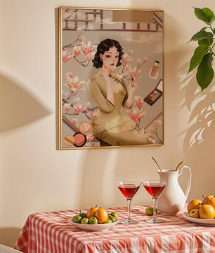 Elegant illustration of a woman with makeup and magnolia flowers