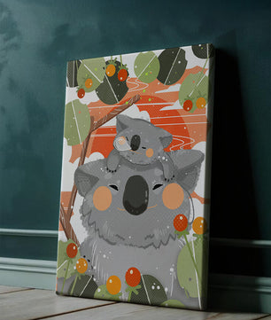 Koalas dans un cadre naturel vibrant aux tons orange et verts