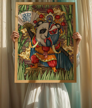 Colorful panda dressed in traditional Chinese opera costume surrounded by bamboo