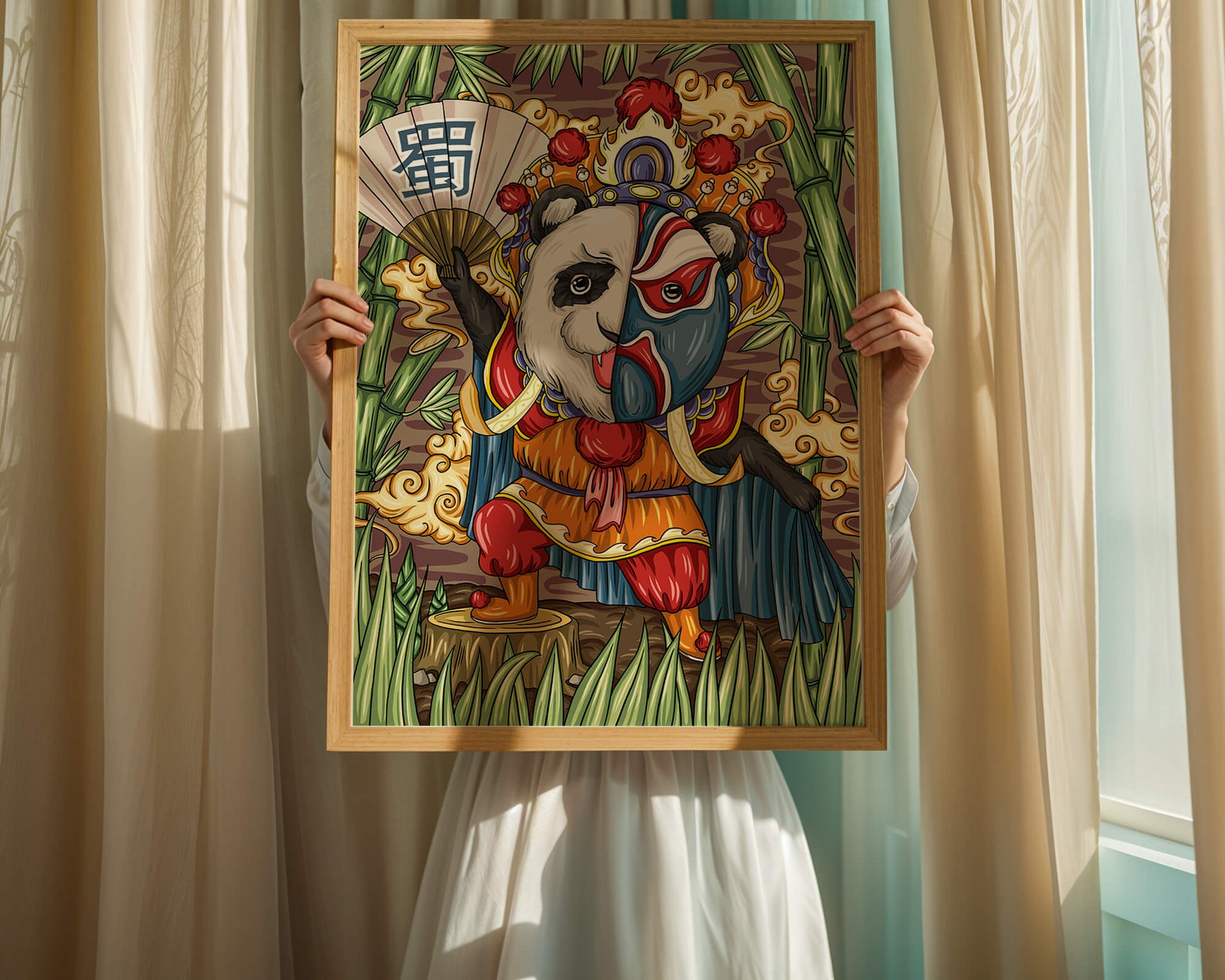Colorful panda dressed in traditional Chinese opera costume surrounded by bamboo