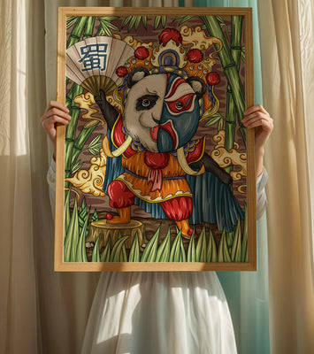 Colorful panda dressed in traditional Chinese opera costume surrounded by bamboo