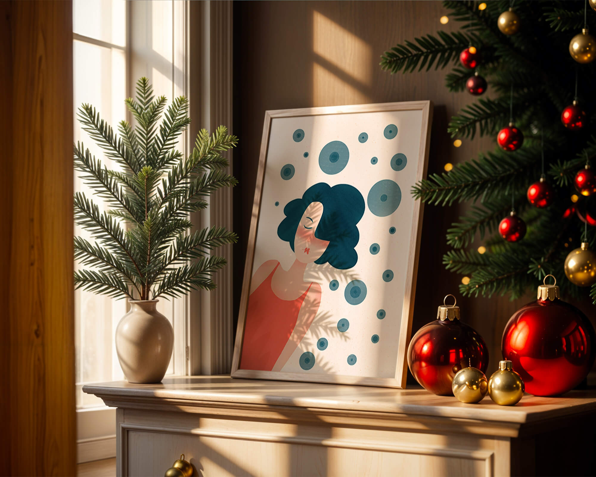 Dreamy Female Portrait with Abstract Circles in Modern Art Style - Mi tienda