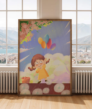 Whimsical illustration of a girl with balloons under vibrant pink blossoms