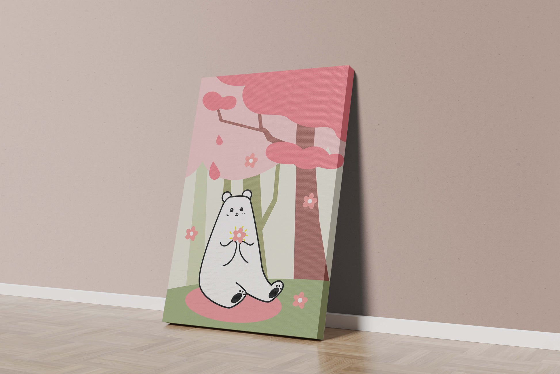 Charming bear holding flower under cherry blossom tree