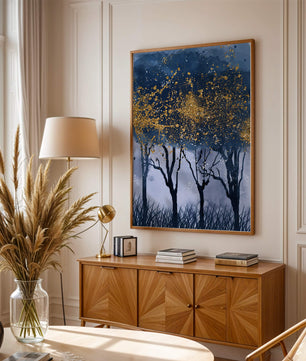 Mystical forest landscape with gold splatter art