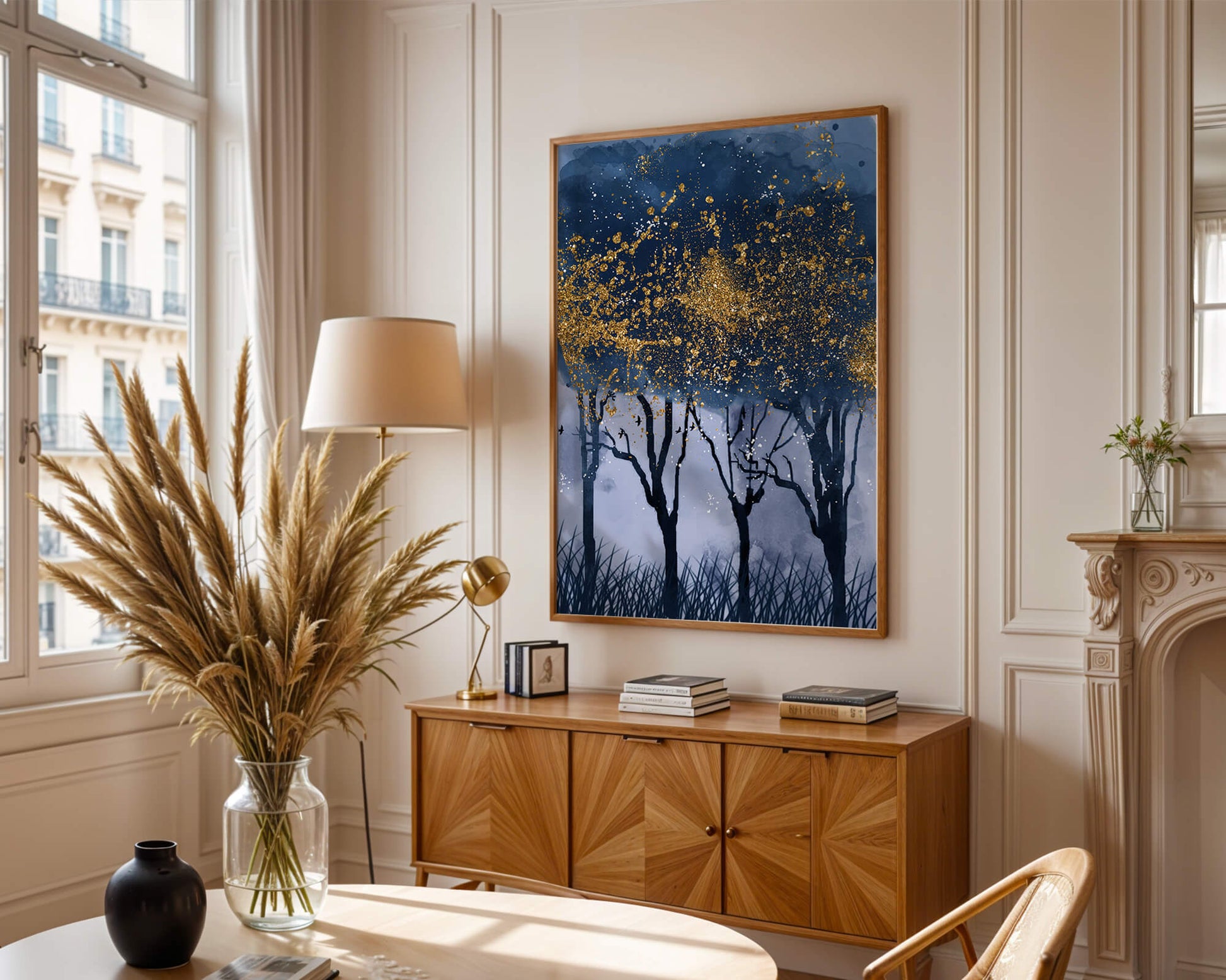 Mystical forest landscape with gold splatter art