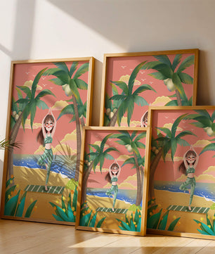 Escena de yoga tranquila en una playa tropical al atardecer