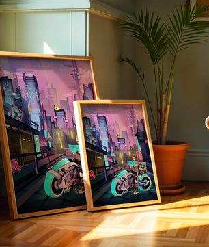 Paisaje urbano futurista cyberpunk con rascacielos iluminados con neón y motociclista