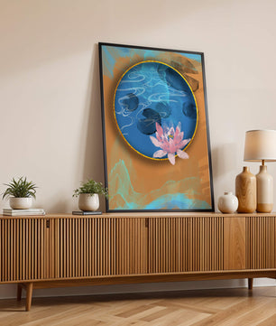 Abstrakte Seerosenkunst mit goldenen Akzenten auf blauem und orangefarbenem Hintergrund