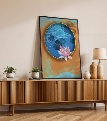 Abstract water lily art with gold accents on blue and orange background