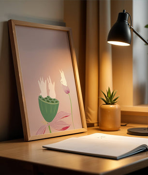 Whimsical Rabbits on Lotus with Pink Background