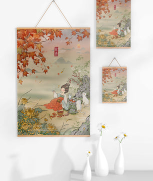 Traditional Chinese painting with autumn scenery and lady sipping tea