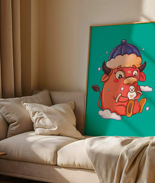 Winter cow cartoon with snowman on turquoise background
