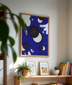 Graphic design featuring cookies and milk splashes on blue background