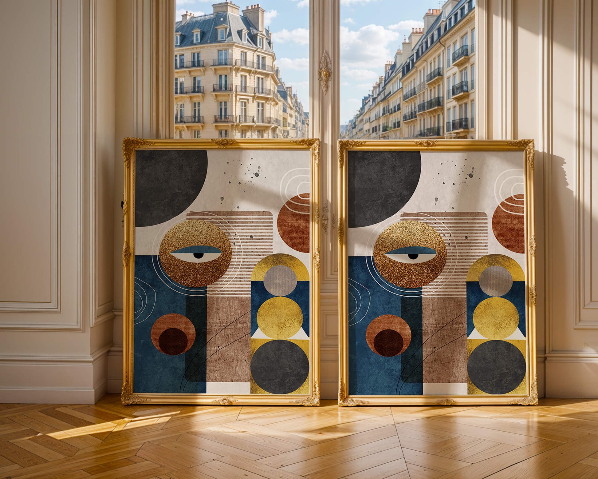 Abstract geometric artwork with gold and blue elements